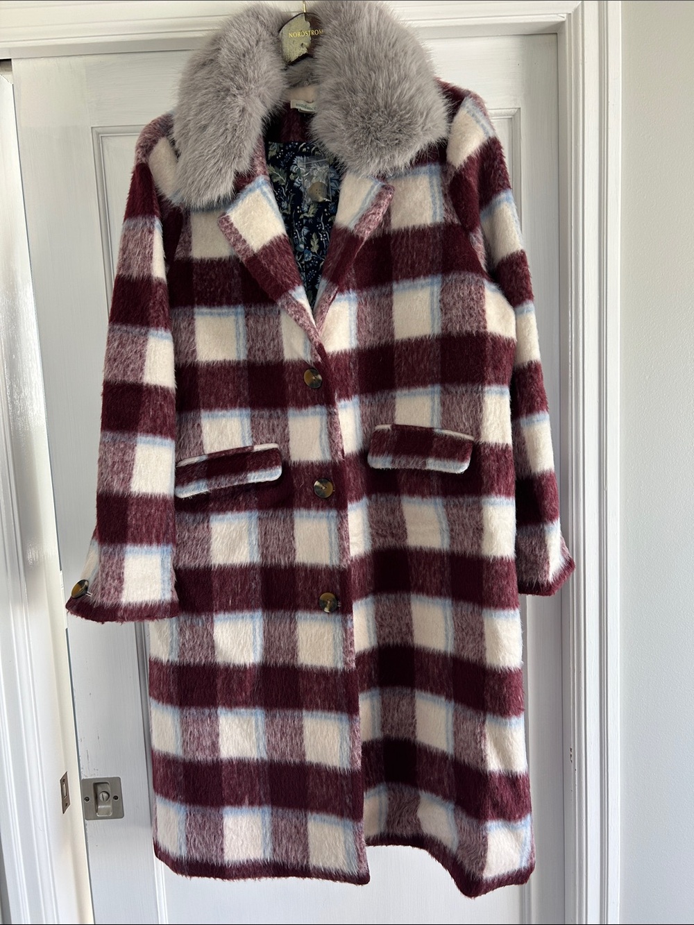 Sundance Burgundy & Cream Plaid Pea Coat with Gray Faux Fur Collar